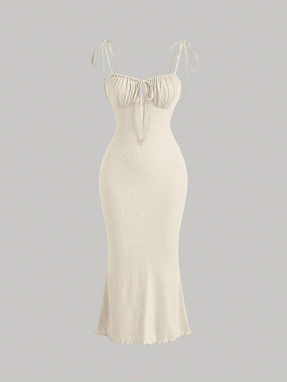 x Marika Sila MOD Tie Front Ruched Bust Knot Shoulder Lettuce Trim Summer Cami Long Dress