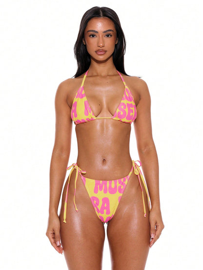 X YERIMUA Musera Resort Graphic Slogan Print Bikini Top Only Y2k Sexy Vacation Holiday Cute Swim Beach Summer