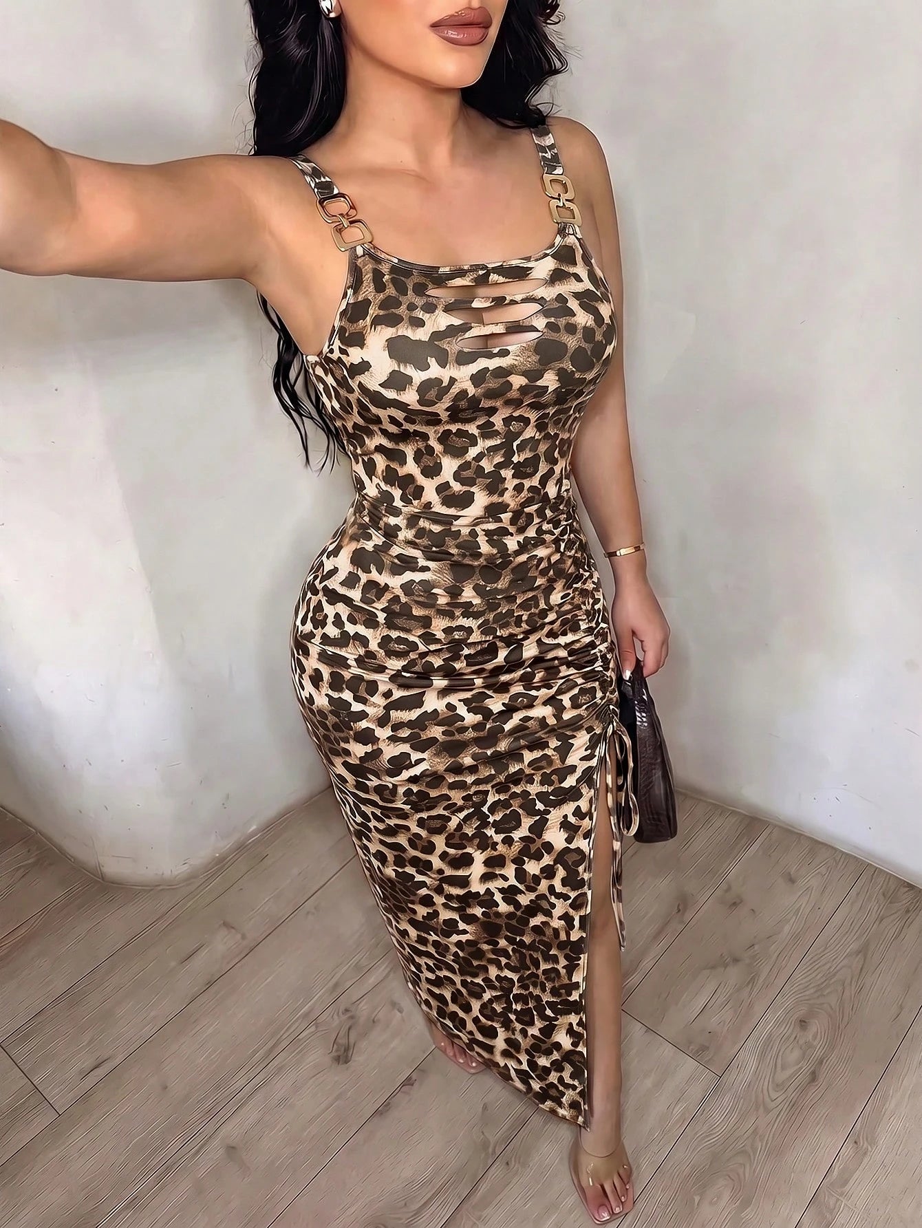 Xyvia Women Elegant Leopard Print Chain Strap Ruched Slit Bodycon Mid-Length Dress,Black,Summer,70s,Club Night,Party,Nightclub,Cocktail, Black Leopard