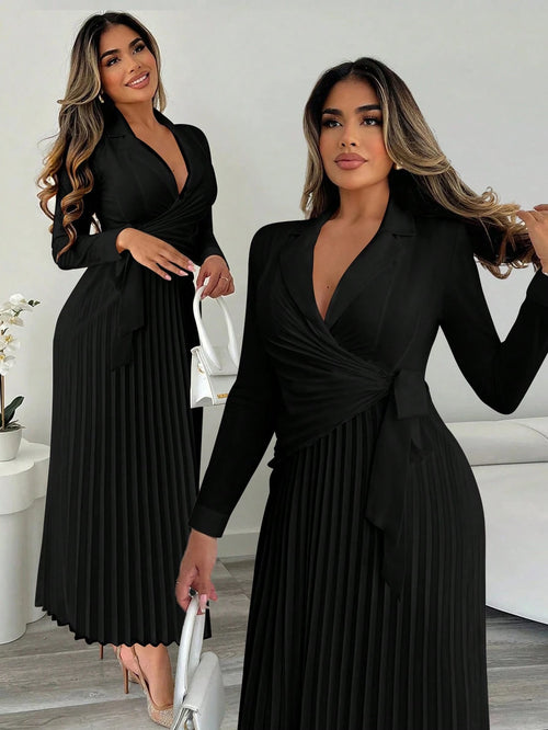 Xyvia Women's Elegant Cinched Waist Pleated Button-Down Shirt Dress, Suitable For Commute, Office, Wedding Events In Autumn/Winter