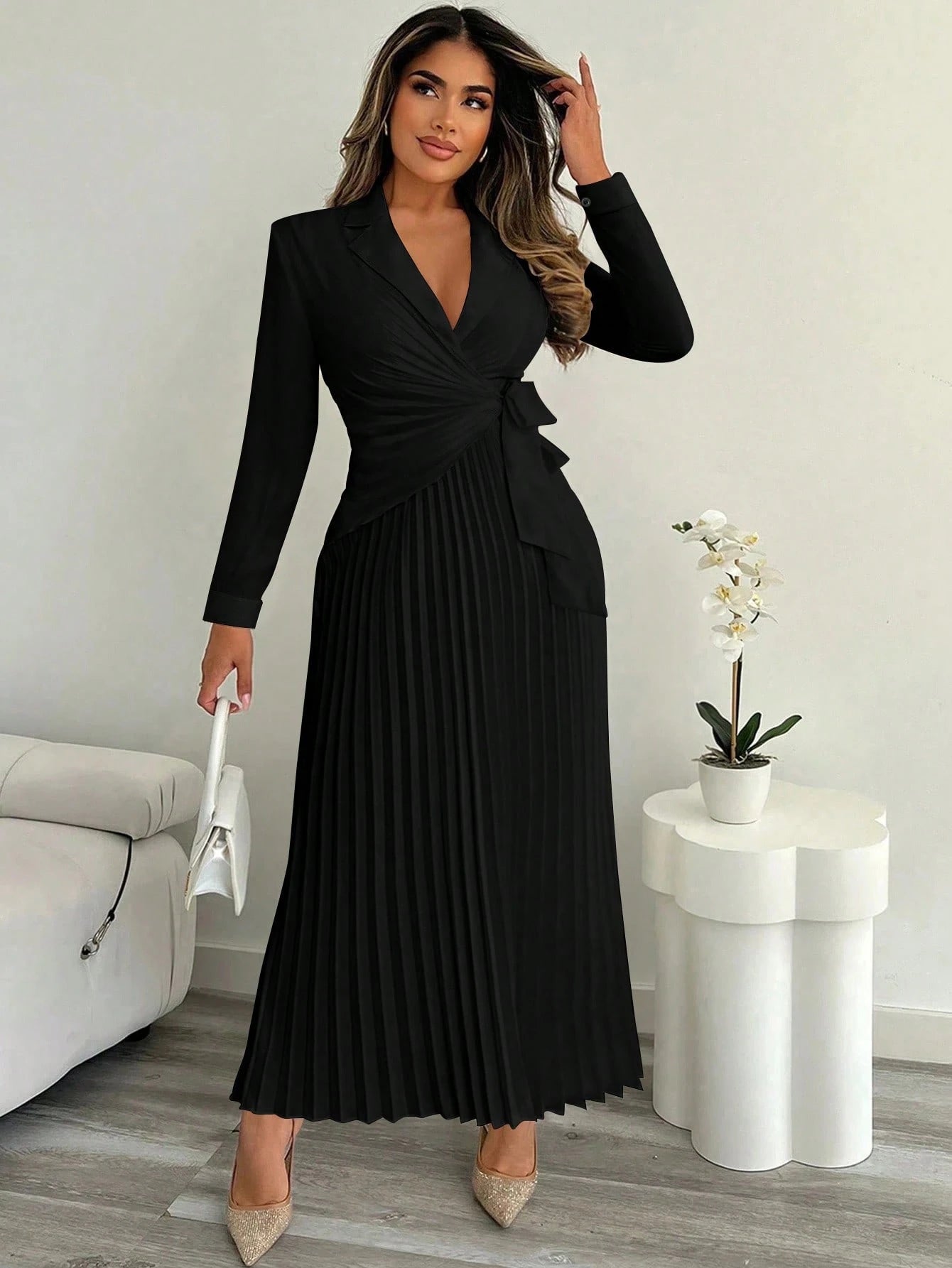 Xyvia Women's Elegant Cinched Waist Pleated Button-Down Shirt Dress, Suitable For Commute, Office, Wedding Events In Autumn/Winter