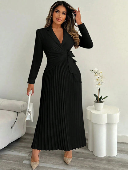 Xyvia Women's Elegant Cinched Waist Pleated Button-Down Shirt Dress, Suitable For Commute, Office, Wedding Events In Autumn/Winter