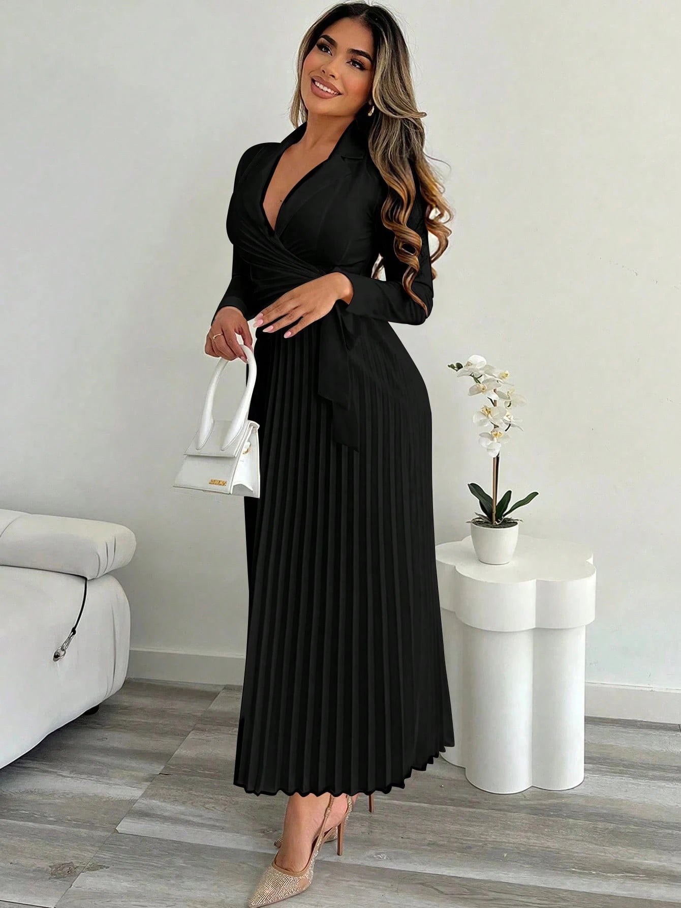 Xyvia Women's Elegant Cinched Waist Pleated Button-Down Shirt Dress, Suitable For Commute, Office, Wedding Events In Autumn/Winter