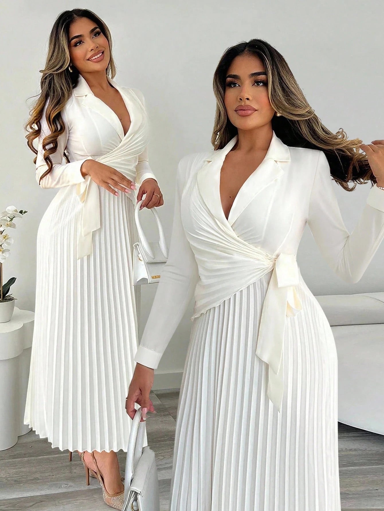 Xyvia Women's Elegant Cinched Waist Pleated Button-Down Shirt Dress, Suitable For Commute, Office, Wedding Events In Autumn/Winter