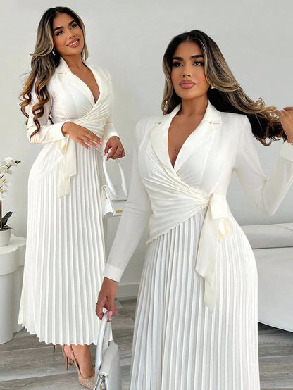 Xyvia Women's Elegant Cinched Waist Pleated Button-Down Shirt Dress, Suitable For Commute, Office, Wedding Events In Autumn/Winter