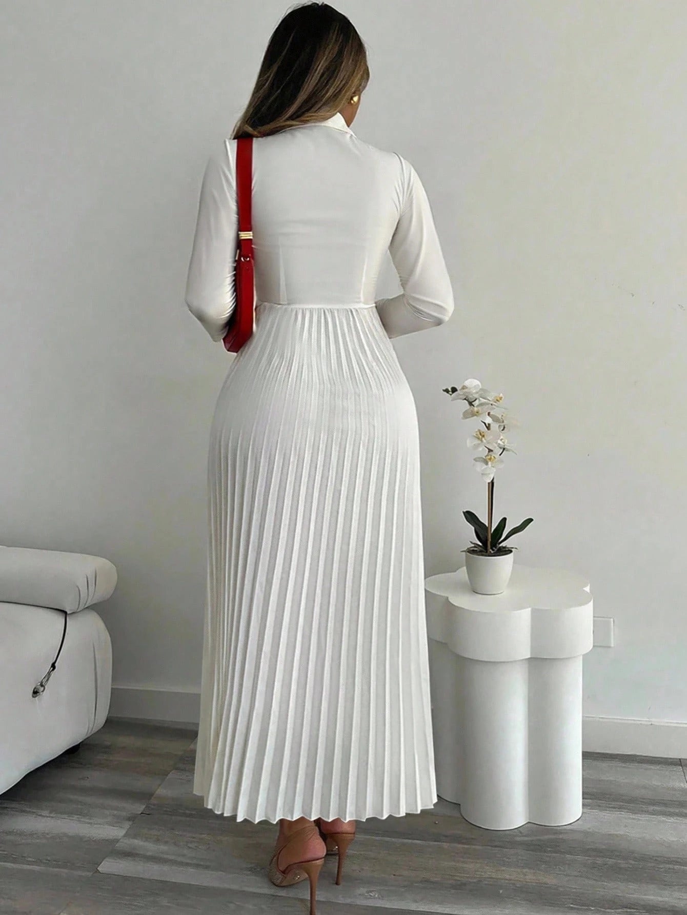 Xyvia Women's Elegant Cinched Waist Pleated Button-Down Shirt Dress, Suitable For Commute, Office, Wedding Events In Autumn/Winter
