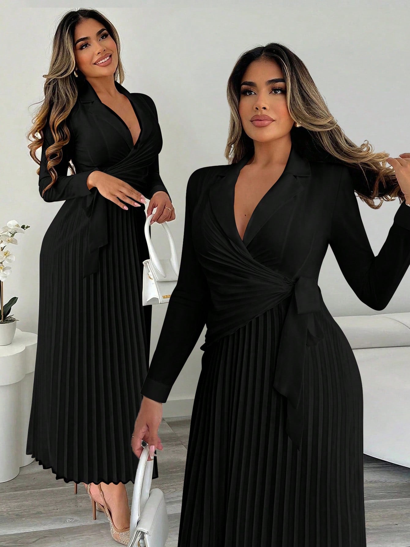 Xyvia Women's Elegant Cinched Waist Pleated Button-Down Shirt Dress, Suitable For Commute, Office, Wedding Events In Autumn/Winter