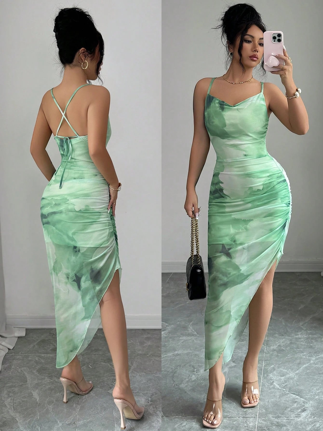 Xyvia,Women's Summer Elegant Beach Dress, Netting Tie-Dye Bodycon Backless Asymmetrical Hem Dress