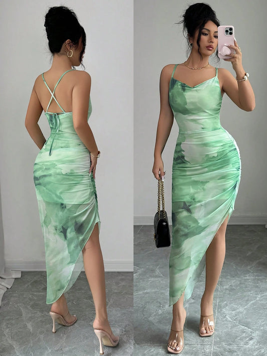 Xyvia,Women's Summer Elegant Beach Dress, Netting Tie-Dye Bodycon Backless Asymmetrical Hem Dress