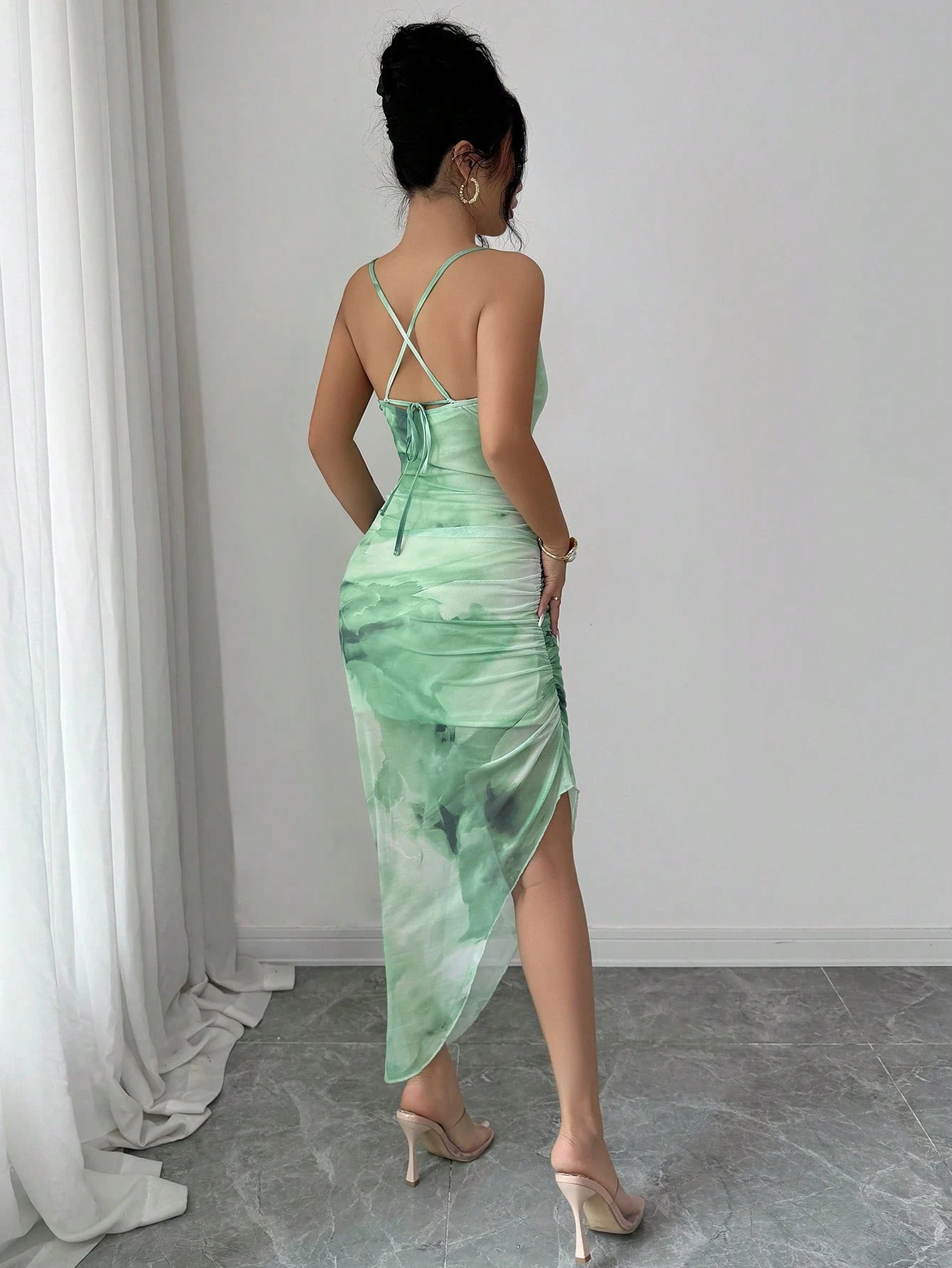 Xyvia,Women's Summer Elegant Beach Dress, Netting Tie-Dye Bodycon Backless Asymmetrical Hem Dress