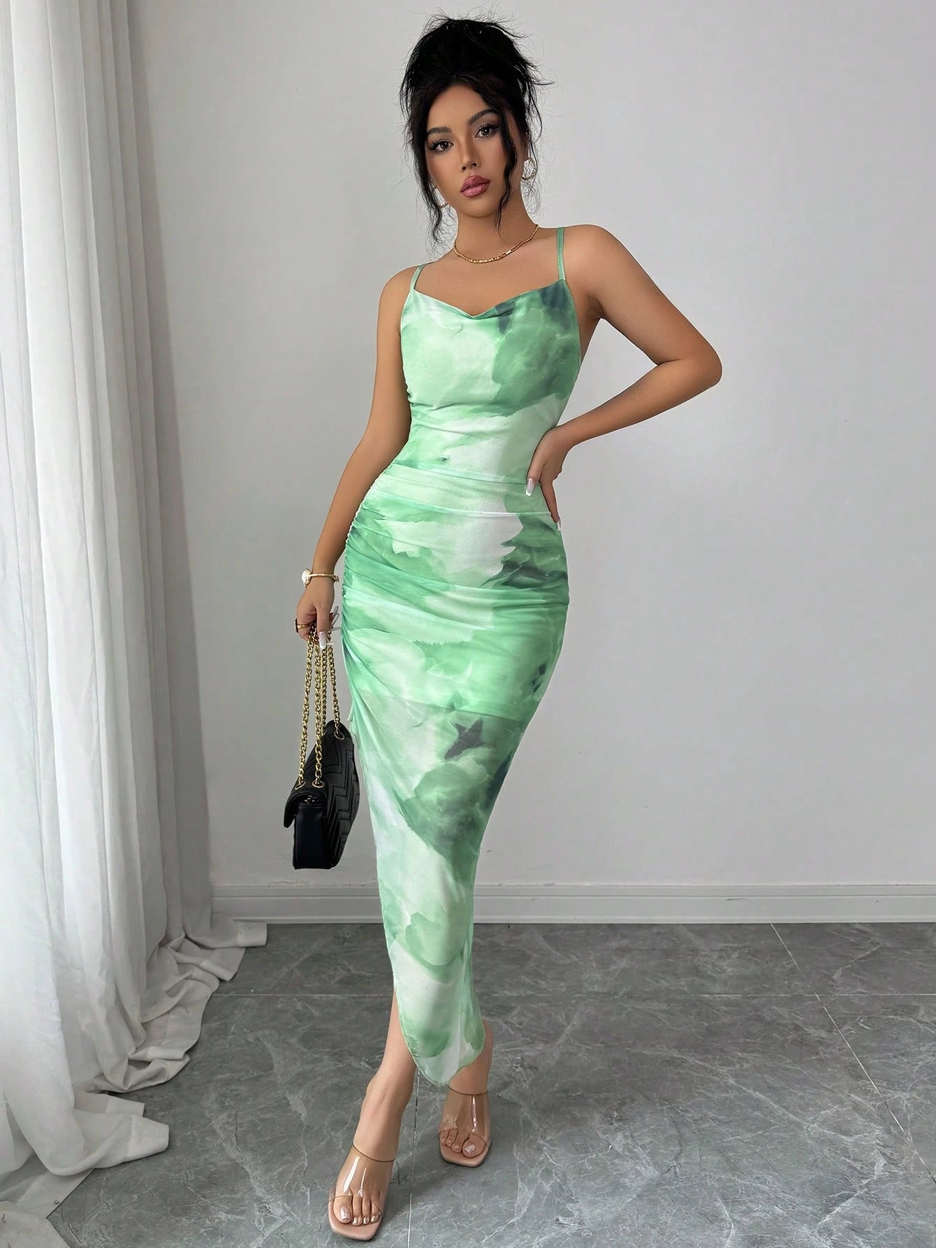 Xyvia,Women's Summer Elegant Beach Dress, Netting Tie-Dye Bodycon Backless Asymmetrical Hem Dress