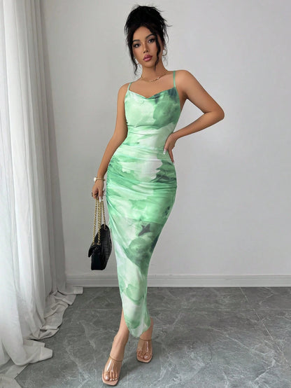 Xyvia,Women's Summer Elegant Beach Dress, Netting Tie-Dye Bodycon Backless Asymmetrical Hem Dress