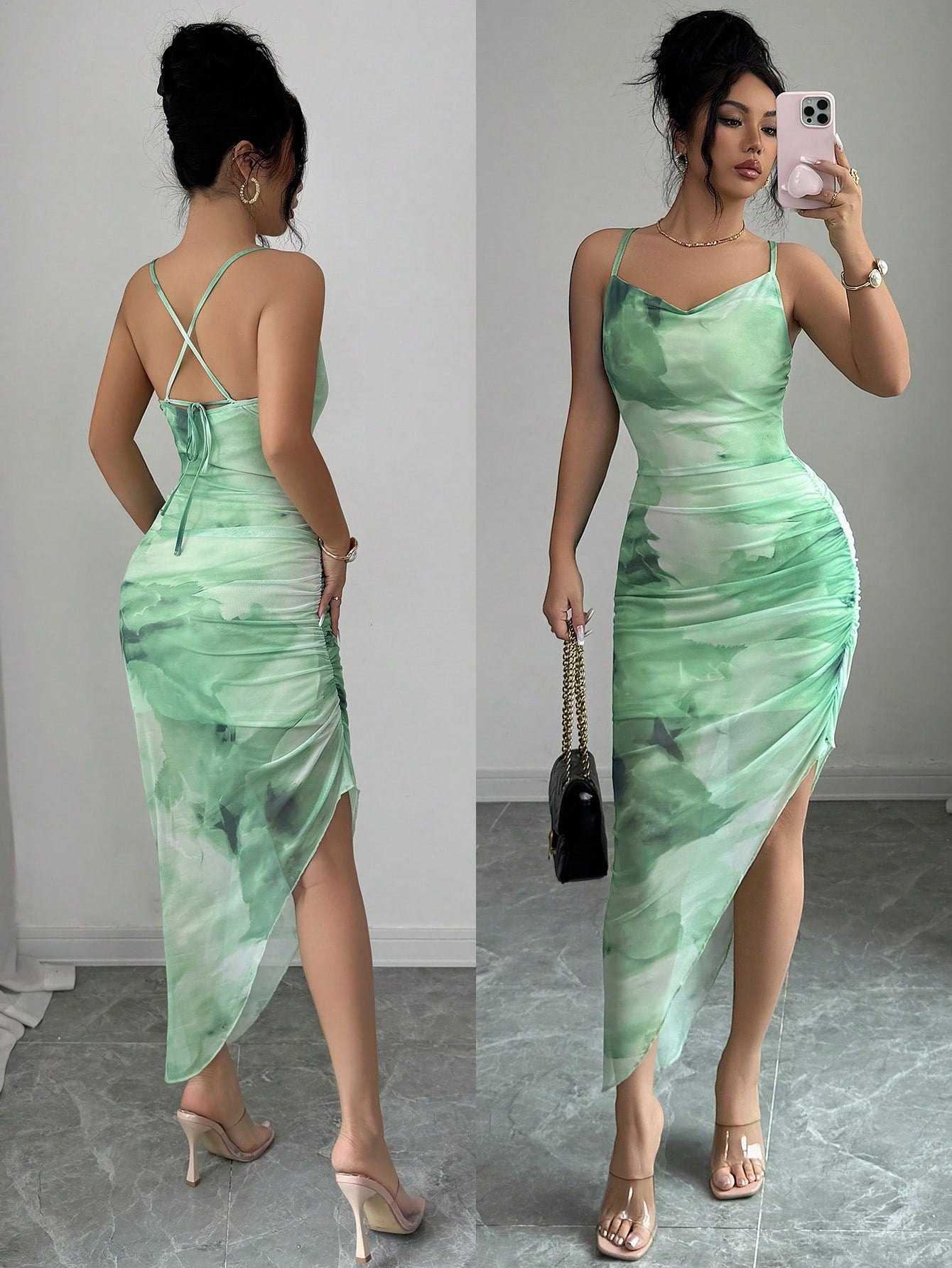 Xyvia,Women's Summer Elegant Beach Dress, Netting Tie-Dye Bodycon Backless Asymmetrical Hem Dress
