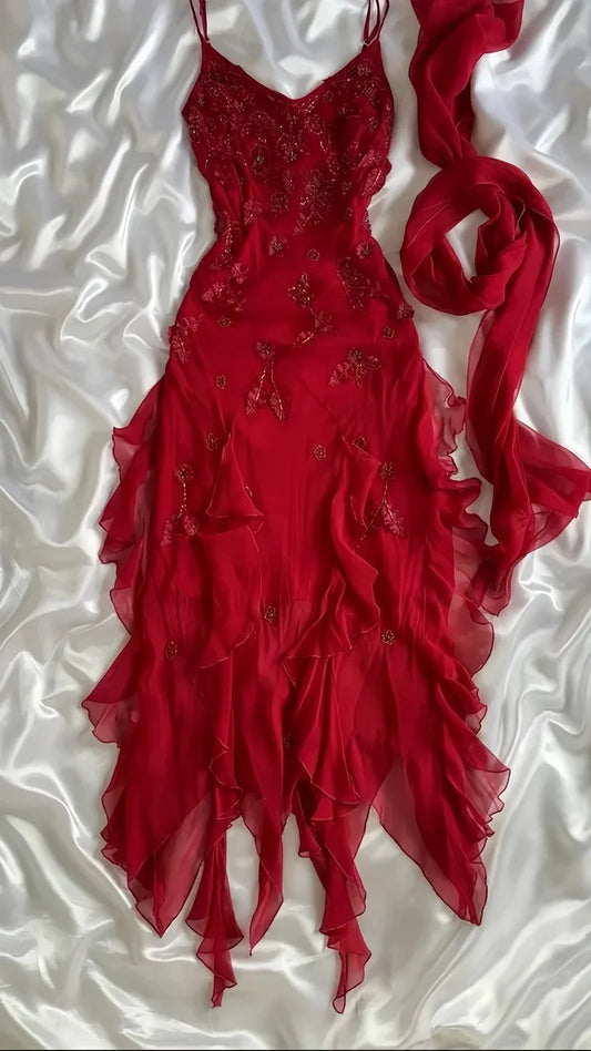 Y2k Retro Chiffon Floral Red Prom Dresses Elegant Dance Party Dress,AST2313
