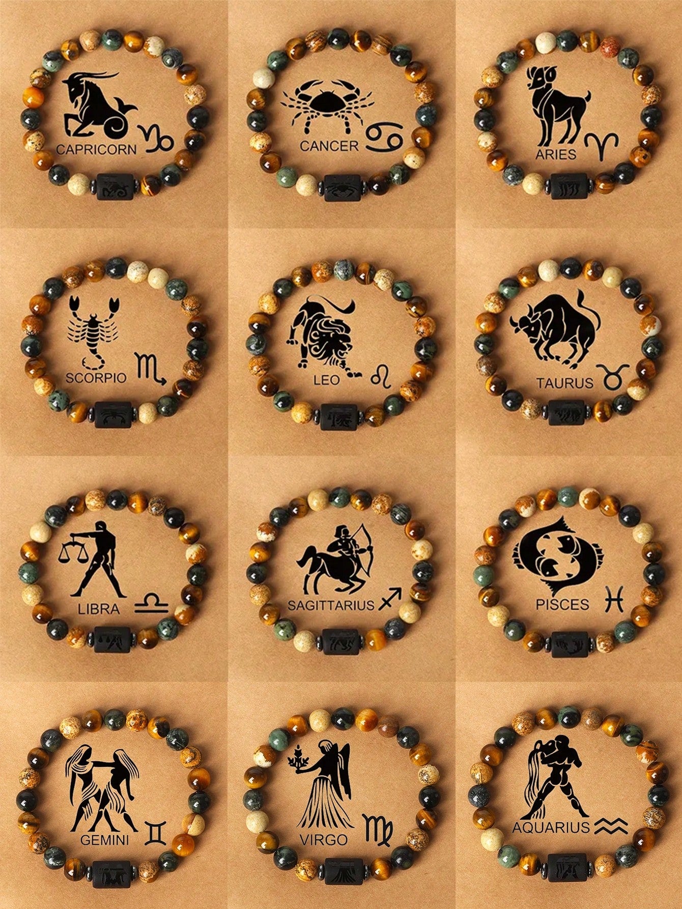 YAUKIA Boho Tiger'S Eye Luck Bracelet, Featuring 12 Zodiac Signs Jacaranda, And Beaded Gemstones, Perfect For Virgo, Leo, Libra Friendship Jewelry Gift