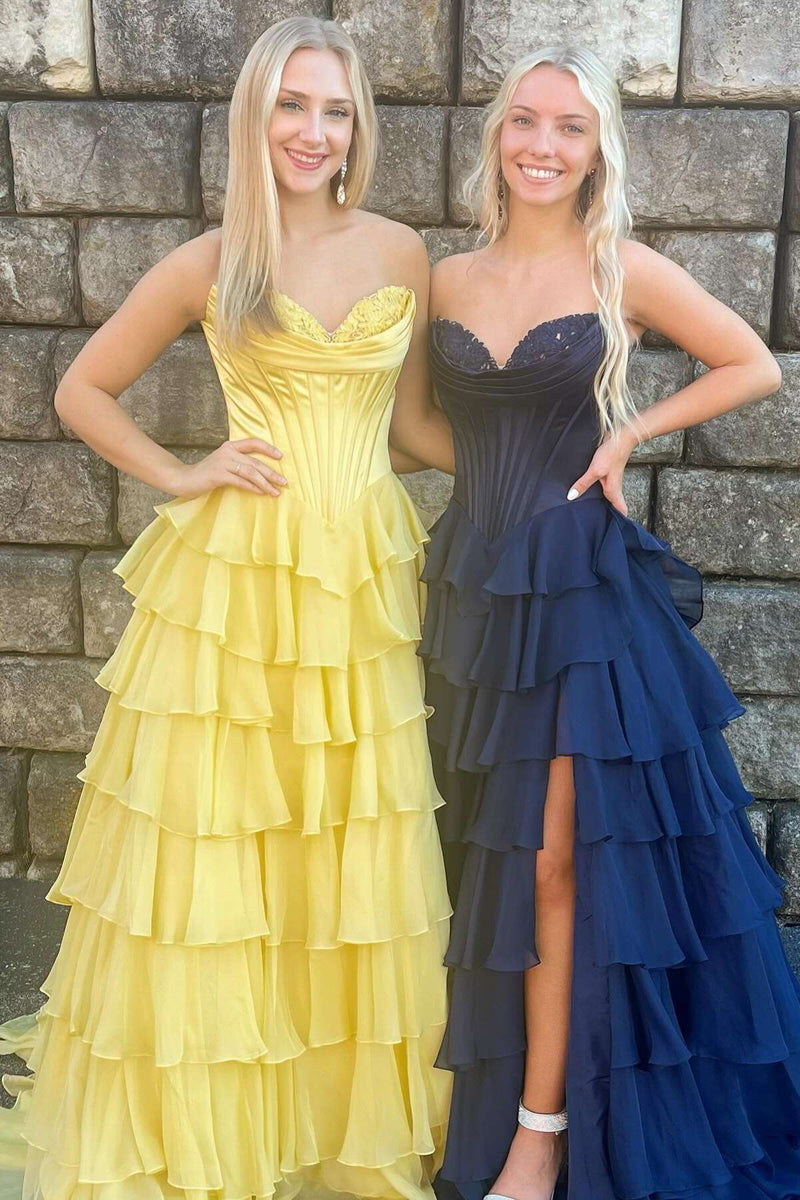Yellow Corset A-line Ruffle Long Formal Dress