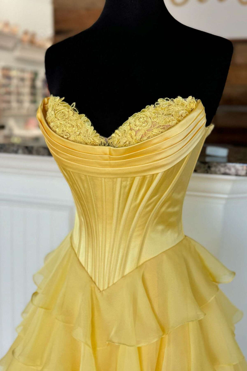 Yellow Corset A-line Ruffle Long Formal Dress