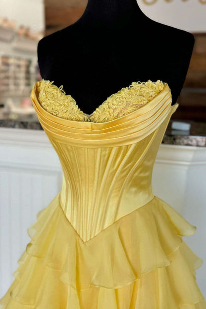 Yellow Corset A-line Ruffle Long Formal Dress