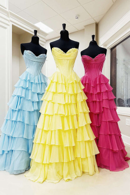 Yellow Corset A-line Ruffle Long Formal Dress