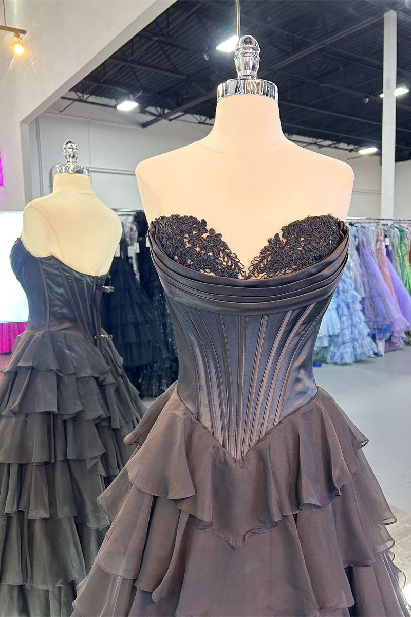 Yellow Corset A-line Ruffle Long Formal Dress
