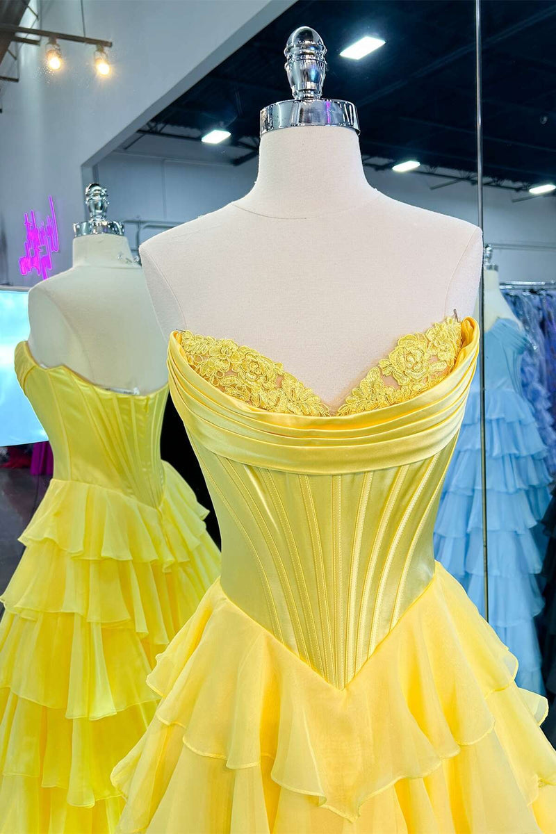 Yellow Corset A-line Ruffle Long Formal Dress