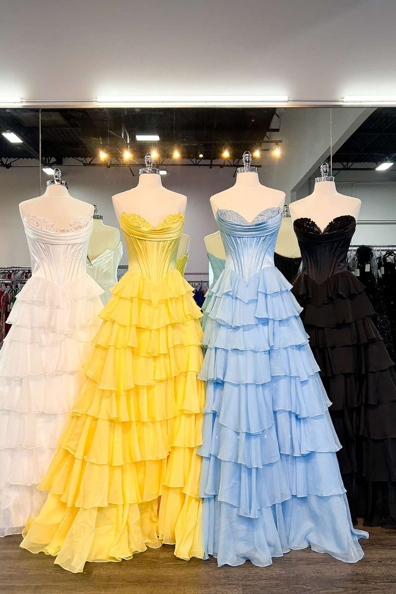 Yellow Corset A-line Ruffle Long Formal Dress