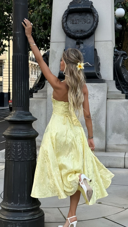 Yellow Halter Floral Print Party Dress, Tea Length Prom Dress,AST1756