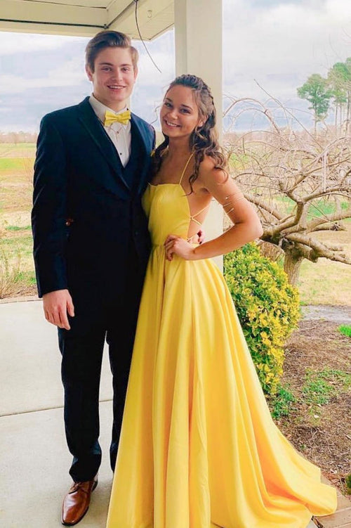 Yellow Satin Open Back Long Prom Dress - Simple Elegant Evening Gown