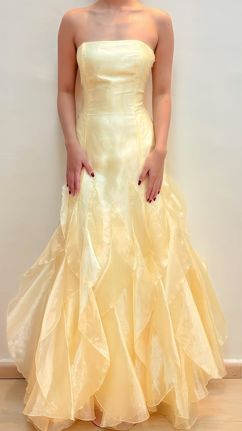 Yellow Strapless Scoop Neck Ruffles Sleeveless Formal Prom Dress,AST2275