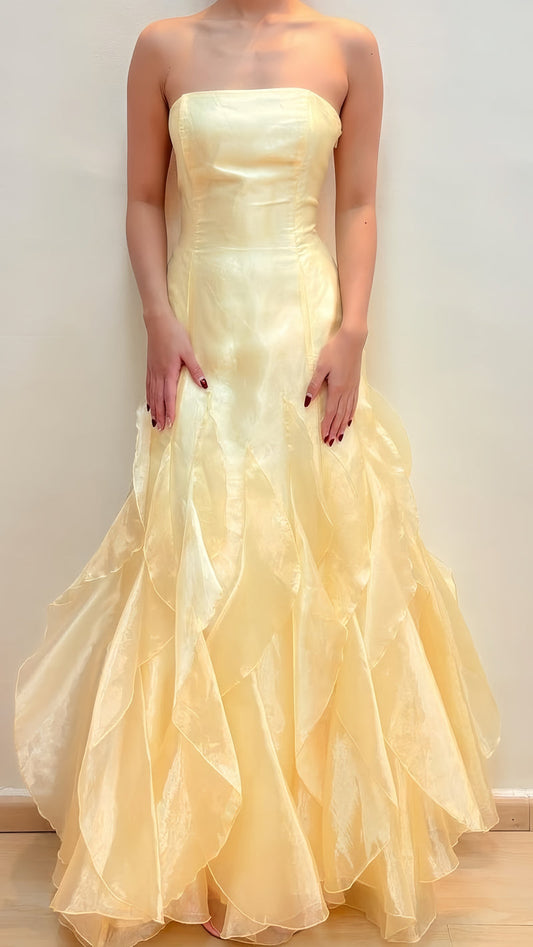 Yellow Strapless Scoop Neck Ruffles Sleeveless Formal Prom Dress,AST2275