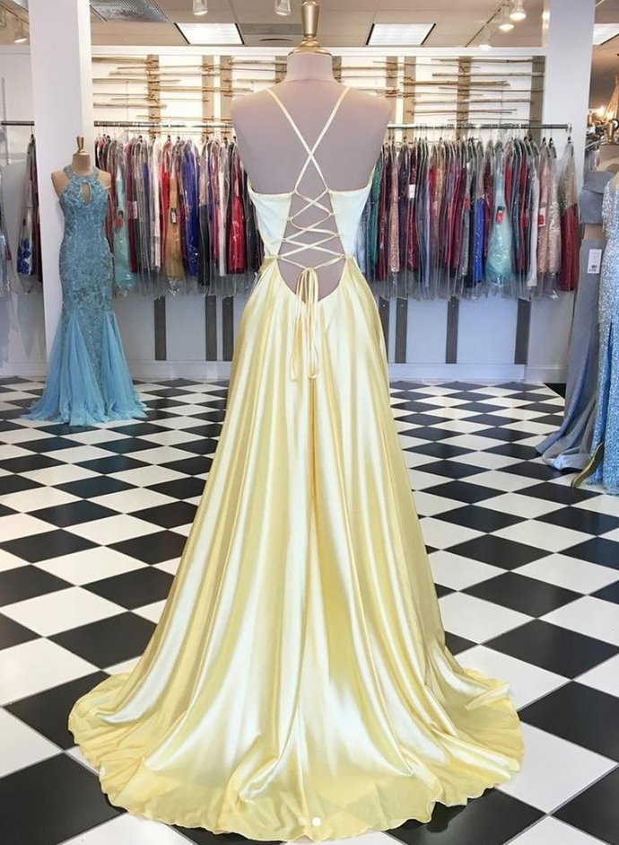 Yellow V-Neck Long Evening Dress with Open Back