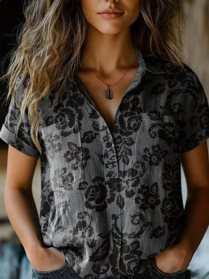 YI XUAN Plus Size Women's Retro Printed Fashion Shirt, Front Double Pocket Design, Short Sleeve Blouse Vacation Summer