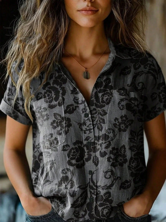 YI XUAN Plus Size Women's Retro Printed Fashion Shirt, Front Double Pocket Design, Short Sleeve Blouse Vacation Summer