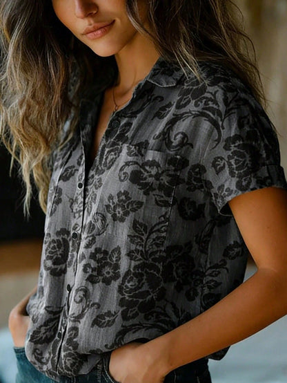 YI XUAN Plus Size Women's Retro Printed Fashion Shirt, Front Double Pocket Design, Short Sleeve Blouse Vacation Summer