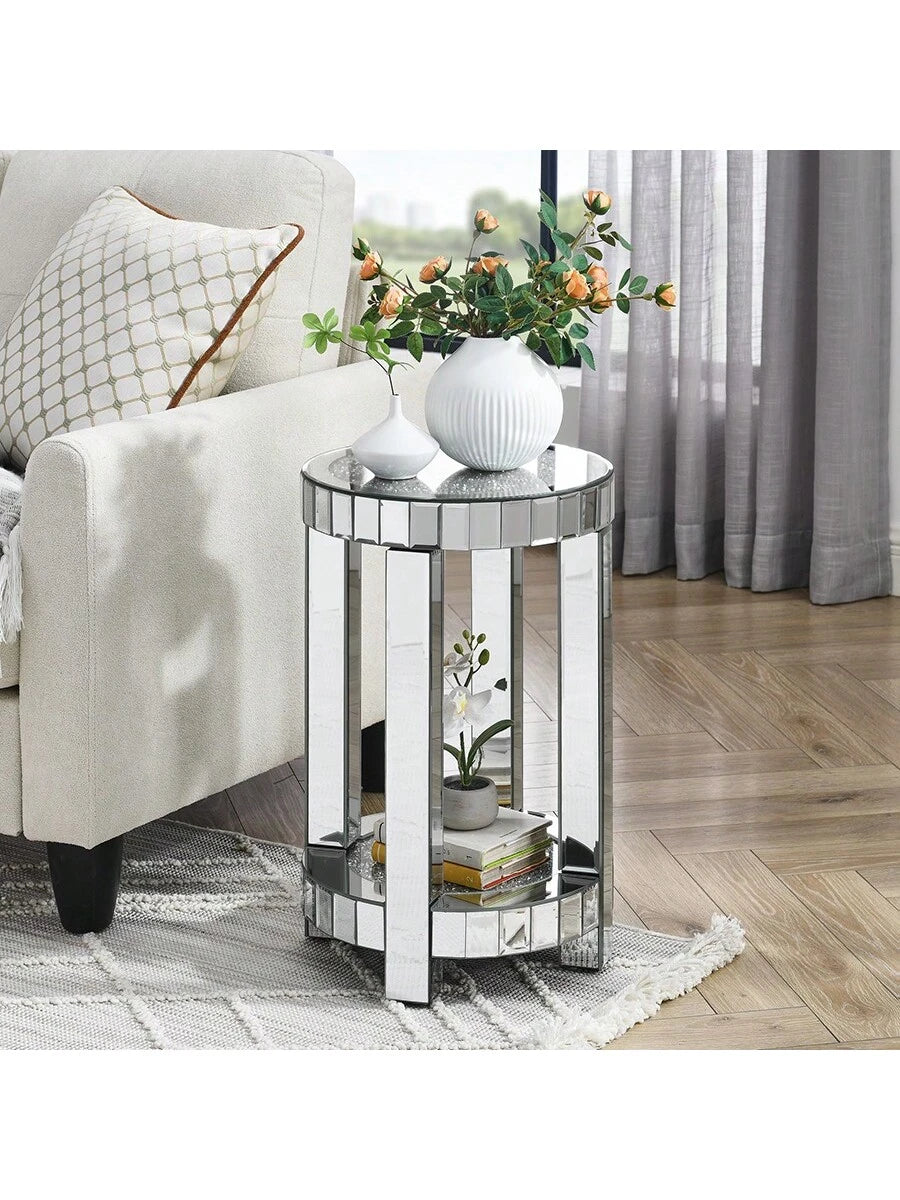 YOGLAD Round Mirrored End Table With Crystal Inlay, 2-Tier Small Side Table With Storage Shelf, 24" Tall Silver Accent Table, Modern Glam Sofa Table For Living Room, Bedroom, Small Spaces