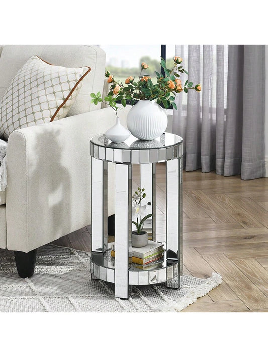 YOGLAD Round Mirrored End Table With Crystal Inlay, 2-Tier Small Side Table With Storage Shelf, 24" Tall Silver Accent Table, Modern Glam Sofa Table For Living Room, Bedroom, Small Spaces