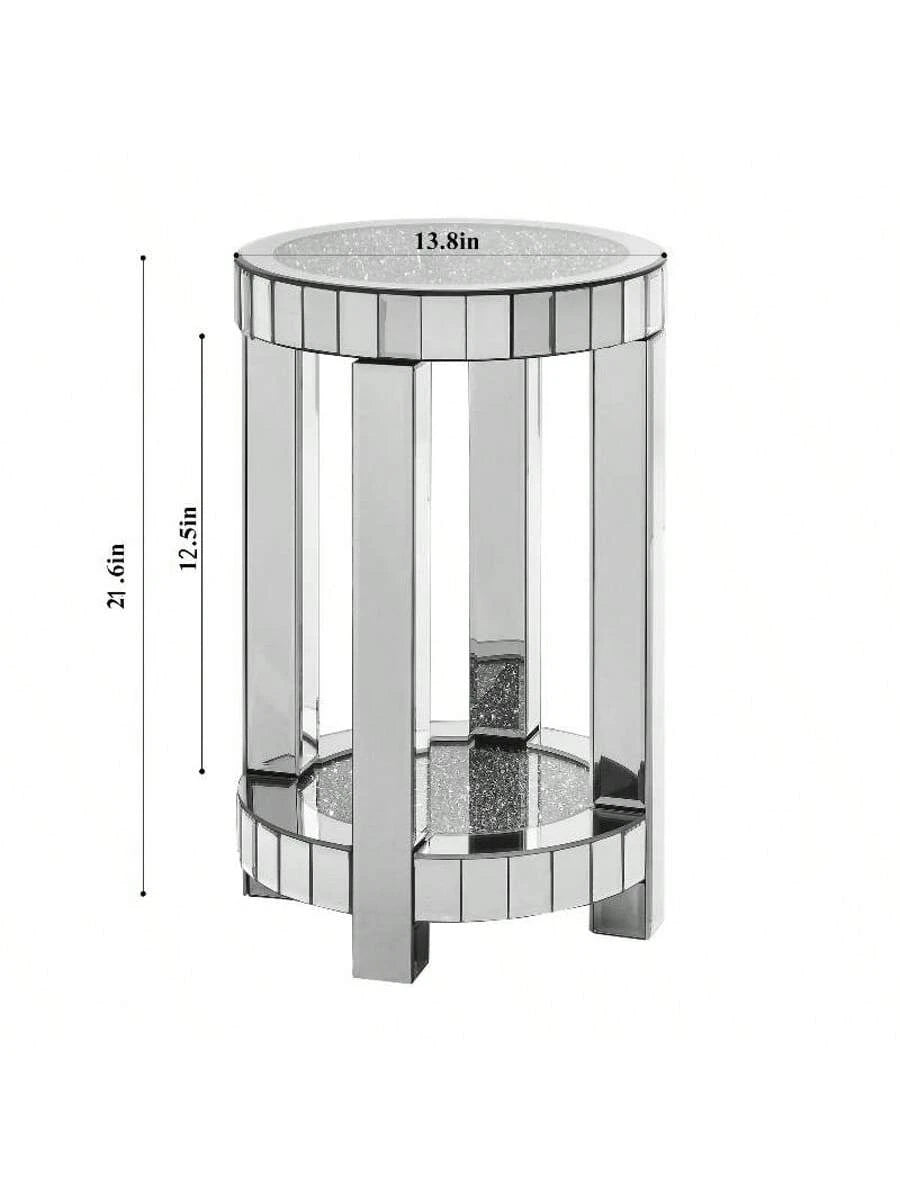 YOGLAD Round Mirrored End Table With Crystal Inlay, 2-Tier Small Side Table With Storage Shelf, 24" Tall Silver Accent Table, Modern Glam Sofa Table For Living Room, Bedroom, Small Spaces