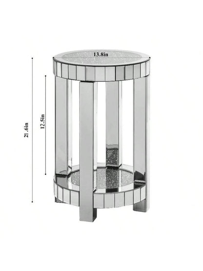 YOGLAD Round Mirrored End Table With Crystal Inlay, 2-Tier Small Side Table With Storage Shelf, 24" Tall Silver Accent Table, Modern Glam Sofa Table For Living Room, Bedroom, Small Spaces