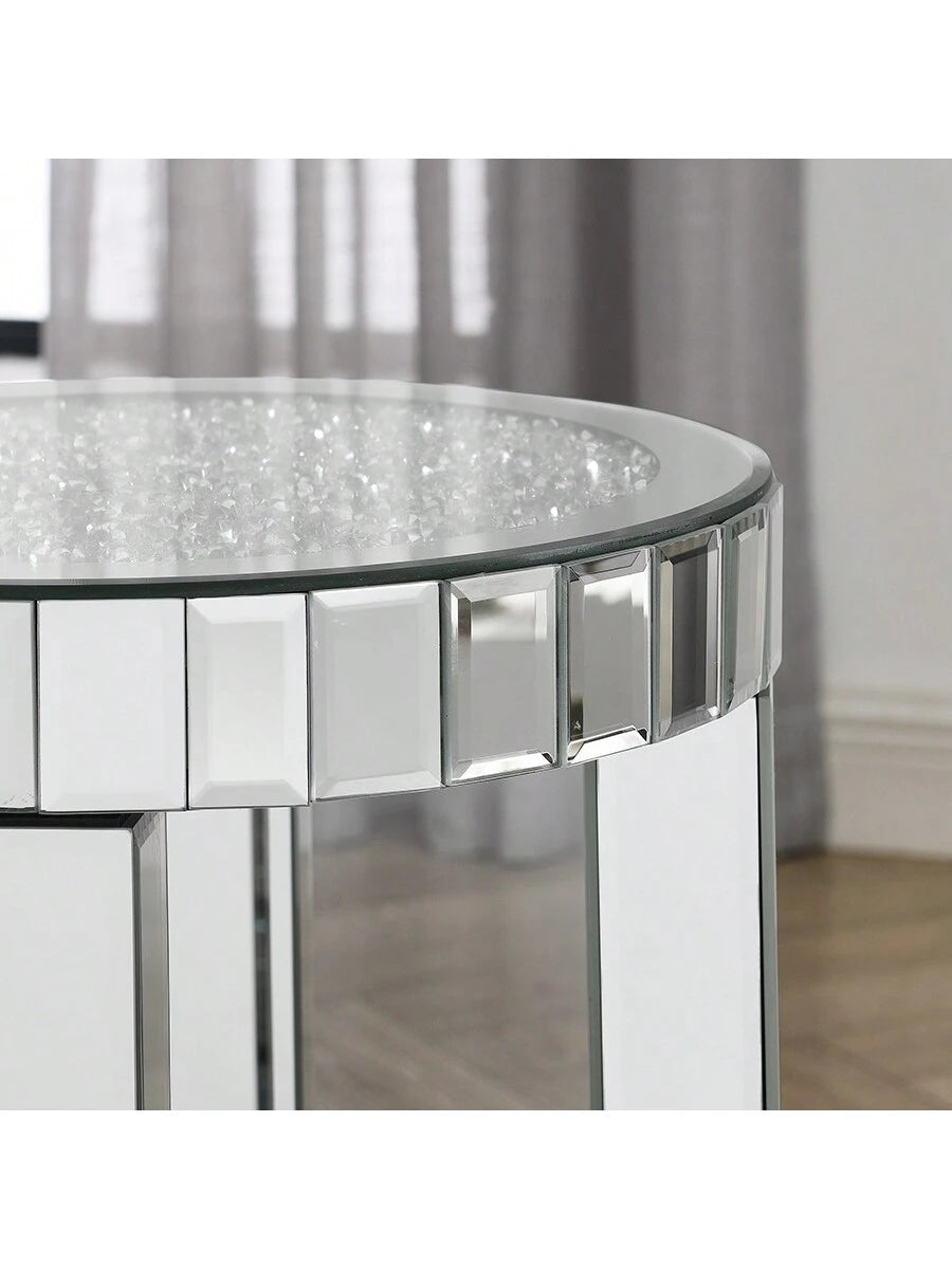 YOGLAD Round Mirrored End Table With Crystal Inlay, 2-Tier Small Side Table With Storage Shelf, 24" Tall Silver Accent Table, Modern Glam Sofa Table For Living Room, Bedroom, Small Spaces