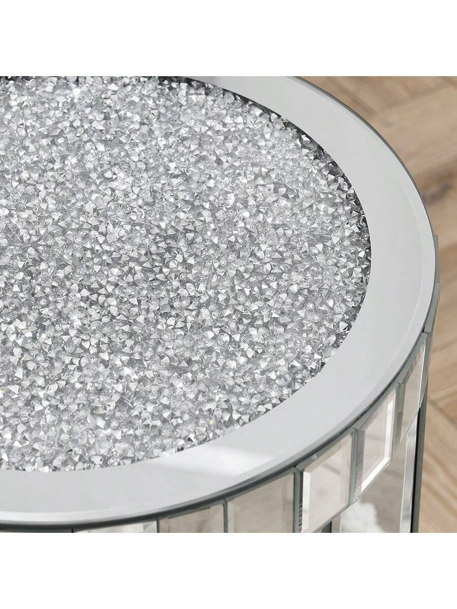 YOGLAD Round Mirrored End Table With Crystal Inlay, 2-Tier Small Side Table With Storage Shelf, 24" Tall Silver Accent Table, Modern Glam Sofa Table For Living Room, Bedroom, Small Spaces