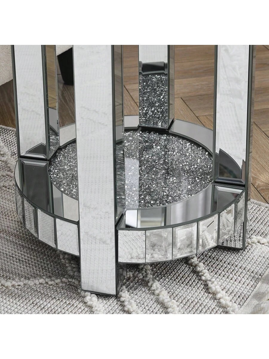 YOGLAD Round Mirrored End Table With Crystal Inlay, 2-Tier Small Side Table With Storage Shelf, 24" Tall Silver Accent Table, Modern Glam Sofa Table For Living Room, Bedroom, Small Spaces