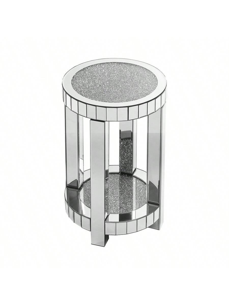 YOGLAD Round Mirrored End Table With Crystal Inlay, 2-Tier Small Side Table With Storage Shelf, 24" Tall Silver Accent Table, Modern Glam Sofa Table For Living Room, Bedroom, Small Spaces