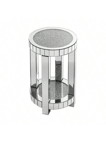 YOGLAD Round Mirrored End Table With Crystal Inlay, 2-Tier Small Side Table With Storage Shelf, 24" Tall Silver Accent Table, Modern Glam Sofa Table For Living Room, Bedroom, Small Spaces