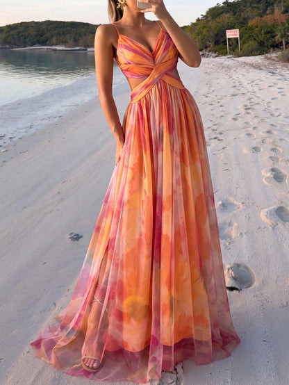 Yuwenier Women's Floral Grid Print Spaghetti Strap Orange Chiffon Dress, Casual Sleeveless Tank Beach Vacation Dress Summer Pink Party Elegant