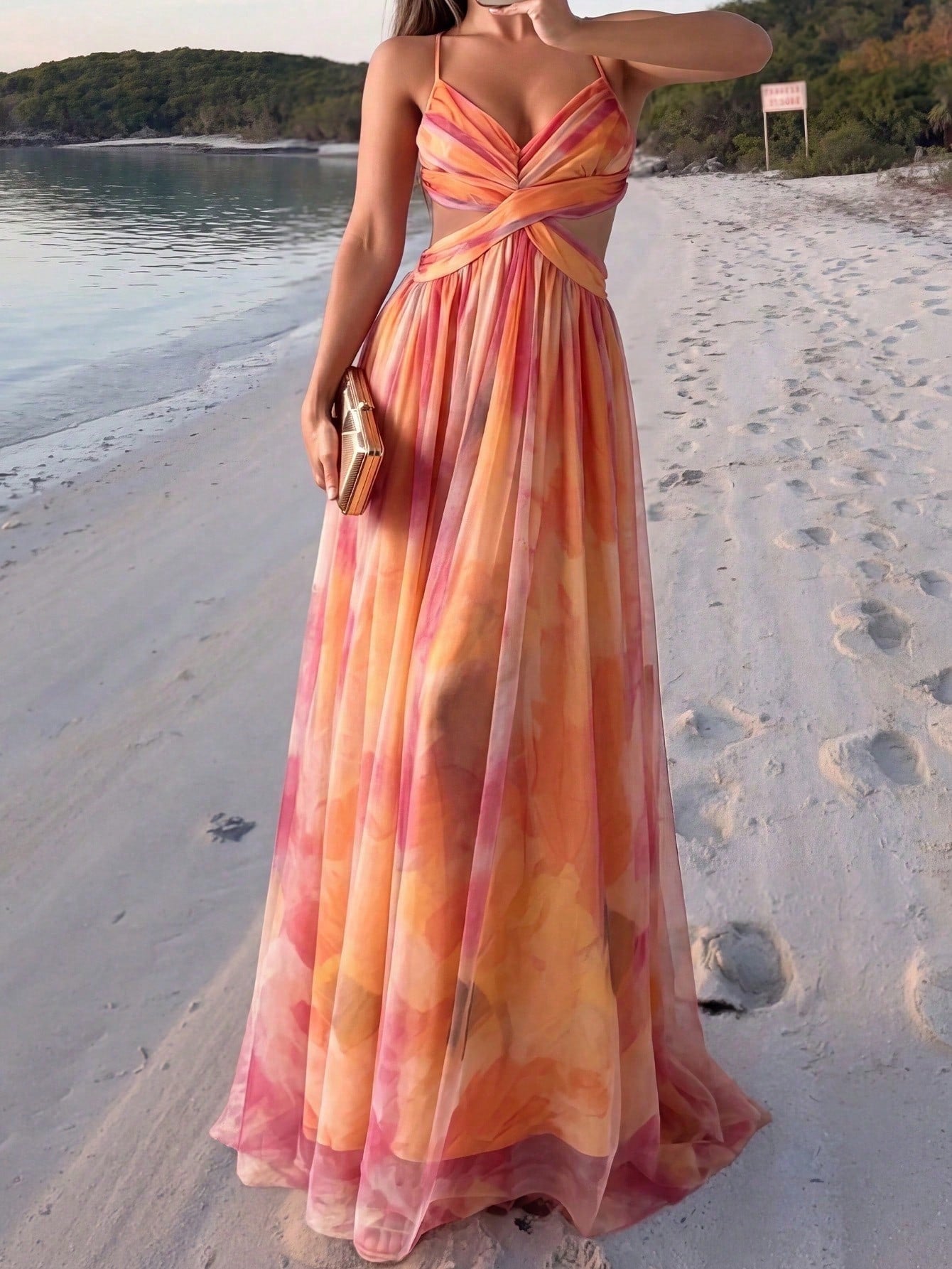 Yuwenier Women's Floral Grid Print Spaghetti Strap Orange Chiffon Dress, Casual Sleeveless Tank Beach Vacation Dress Summer Pink Party Elegant