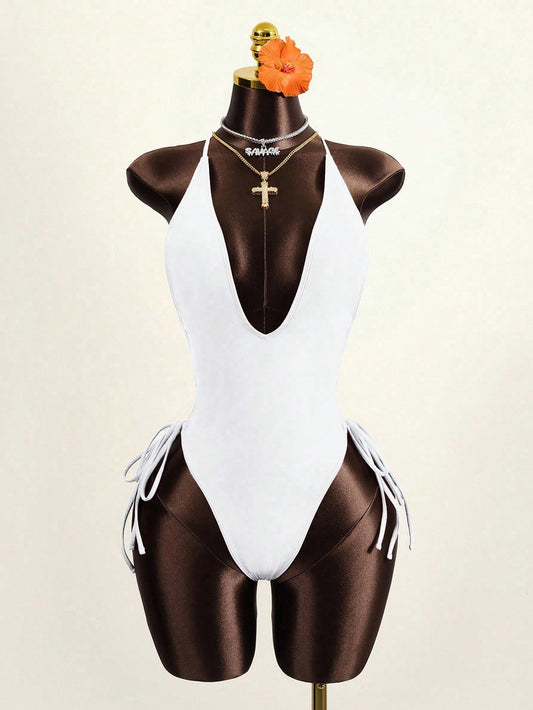 Zestiva 2026 Spring/Summer Women's New Adjustable Spaghetti Strap Deep V-Neck Wireless White Vacation Bikini Swimsuit