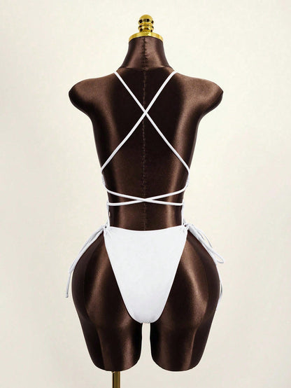 Zestiva 2026 Spring/Summer Women's New Adjustable Spaghetti Strap Deep V-Neck Wireless White Vacation Bikini Swimsuit