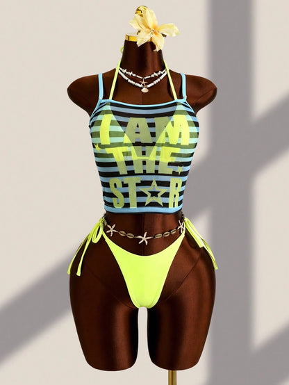 Zestiva 3pcs Set:Blue,Summer,Y2k,Beach Women Tankini Mesh Stripe Camisole,Spaghetti Strap Bralette&Side Tie Bikini Bottoms Tropical Bathing Suit