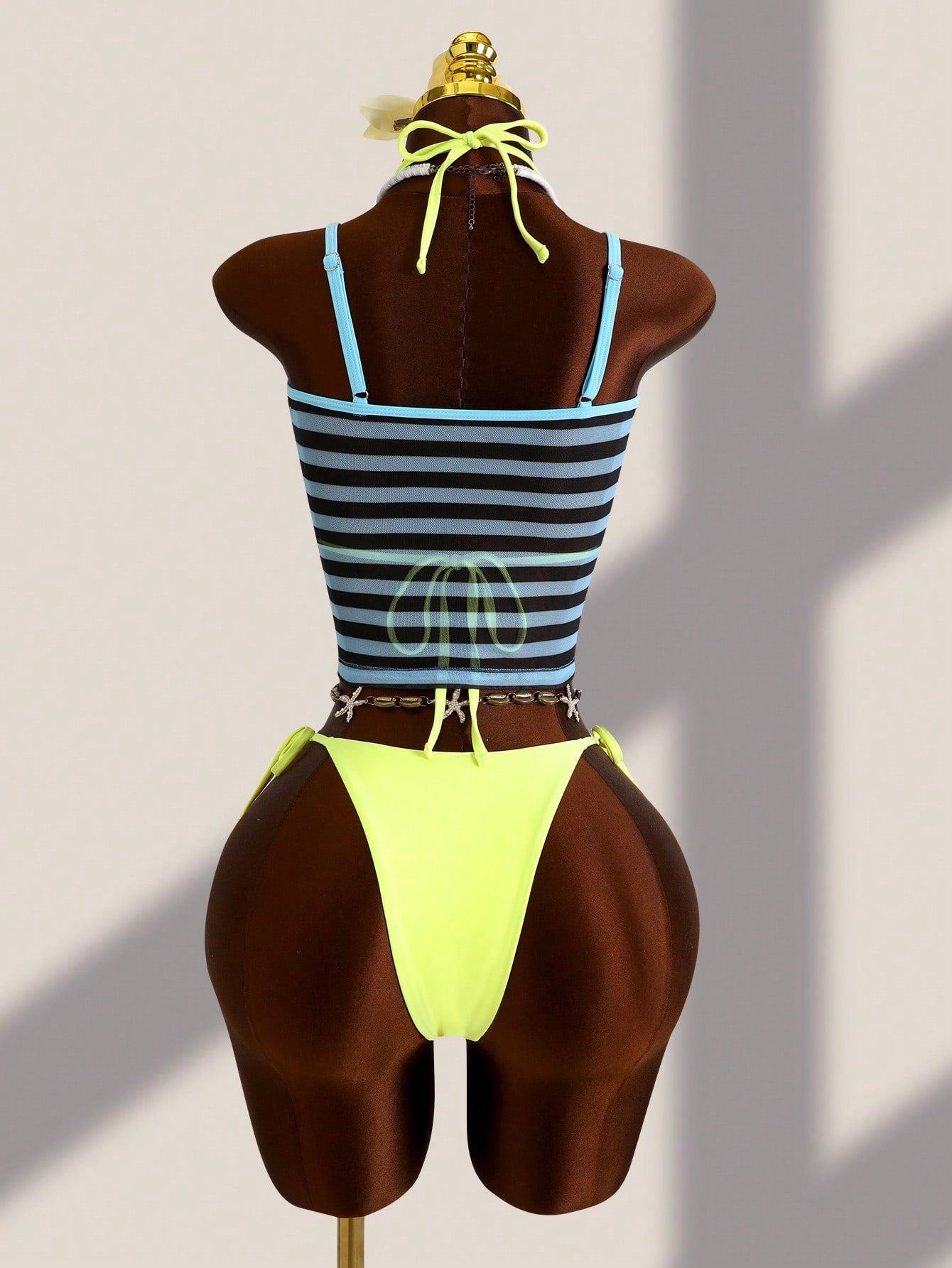 Zestiva 3pcs Set:Blue,Summer,Y2k,Beach Women Tankini Mesh Stripe Camisole,Spaghetti Strap Bralette&Side Tie Bikini Bottoms Tropical Bathing Suit
