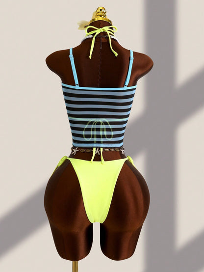 Zestiva 3pcs Set:Blue,Summer,Y2k,Beach Women Tankini Mesh Stripe Camisole,Spaghetti Strap Bralette&Side Tie Bikini Bottoms Tropical Bathing Suit